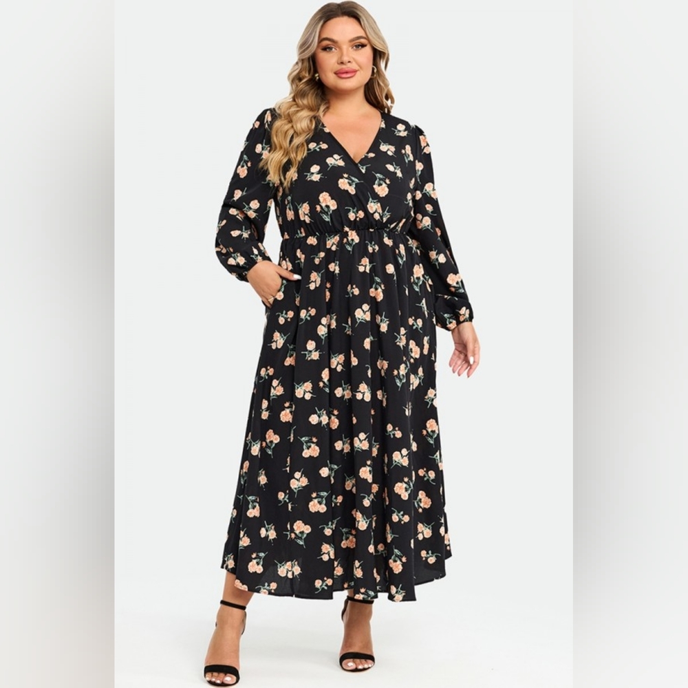 NEW NWT MeetCurve Floral Print Pocket Lantern Sleeve Wrap Maxi Dress 4XL